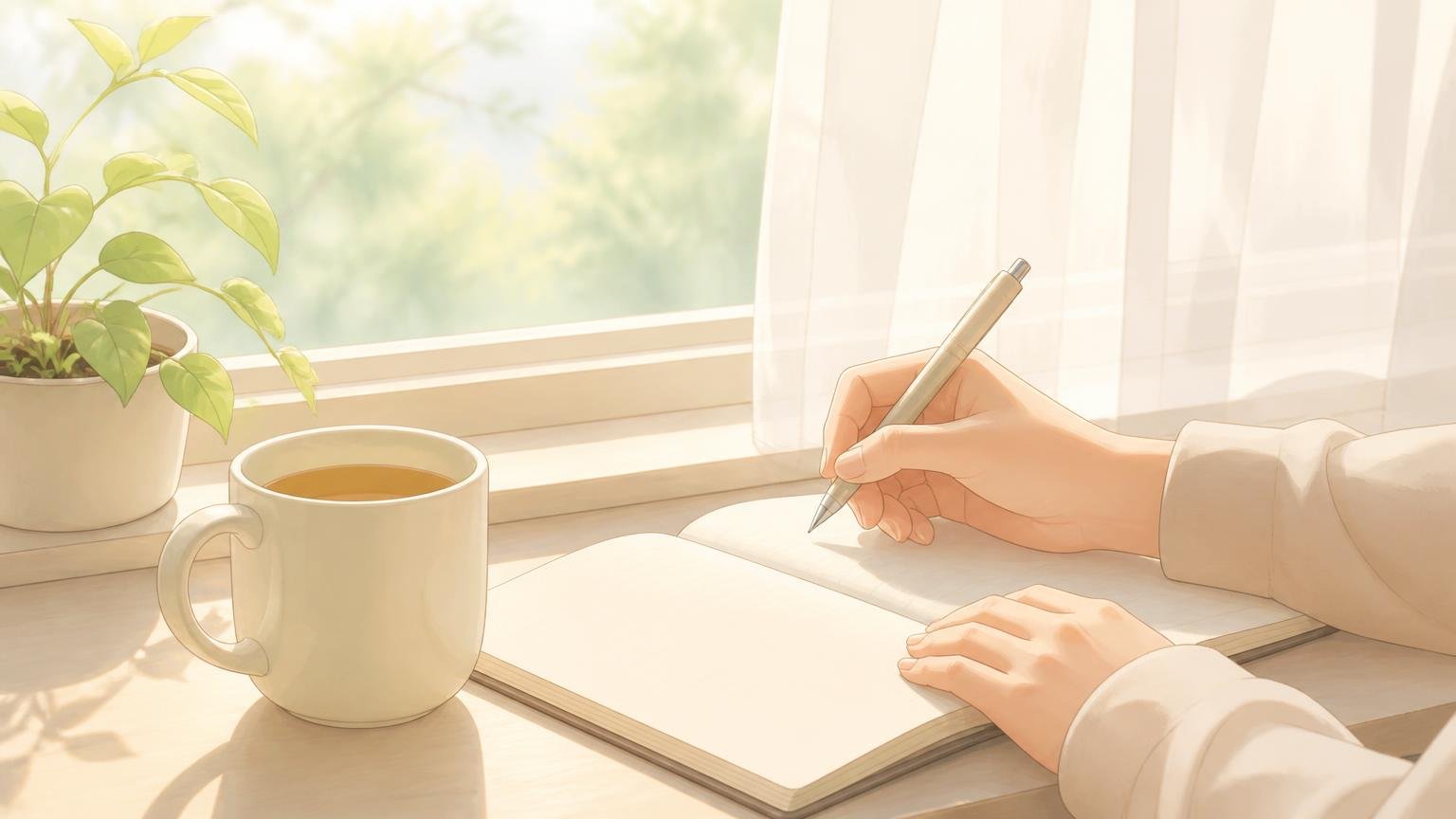 朝の窓辺で、ノートに向かって静かに気持ちを書き出している手元のイラスト