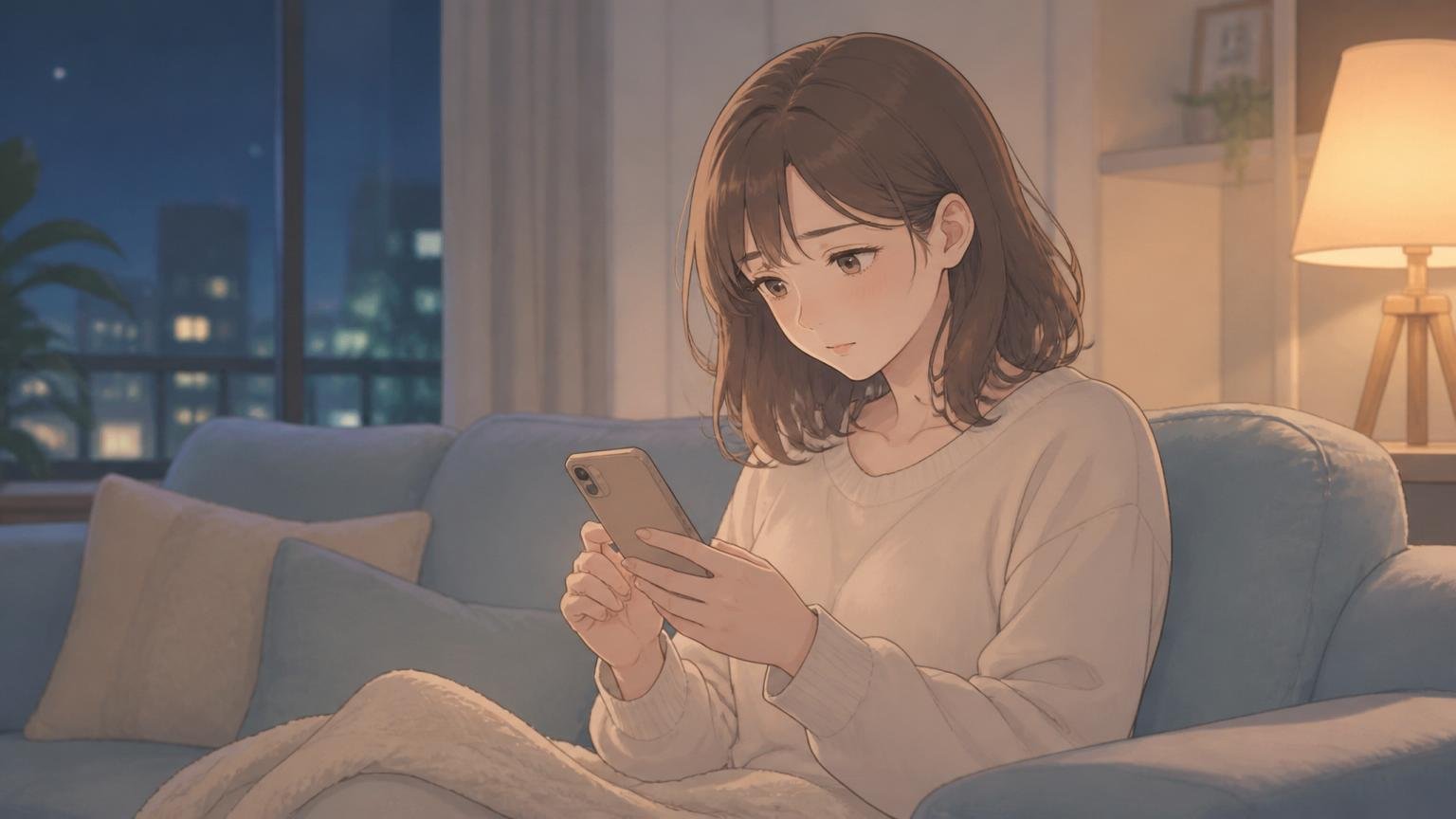 夜にスマートフォンを手に持ったまま、メッセージを送るか迷っている女性のイラスト
