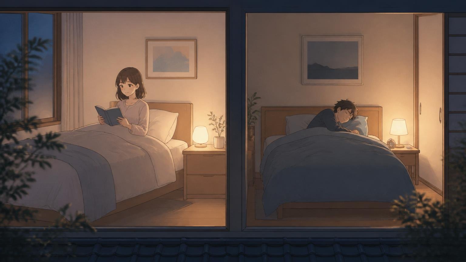 別々の部屋でそれぞれの夜を静かに過ごす夫婦のイラスト