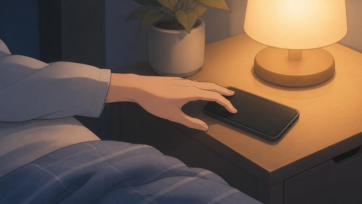 夜、ベッドサイドでスマートフォンを手に取ろうとしている手元のイラスト