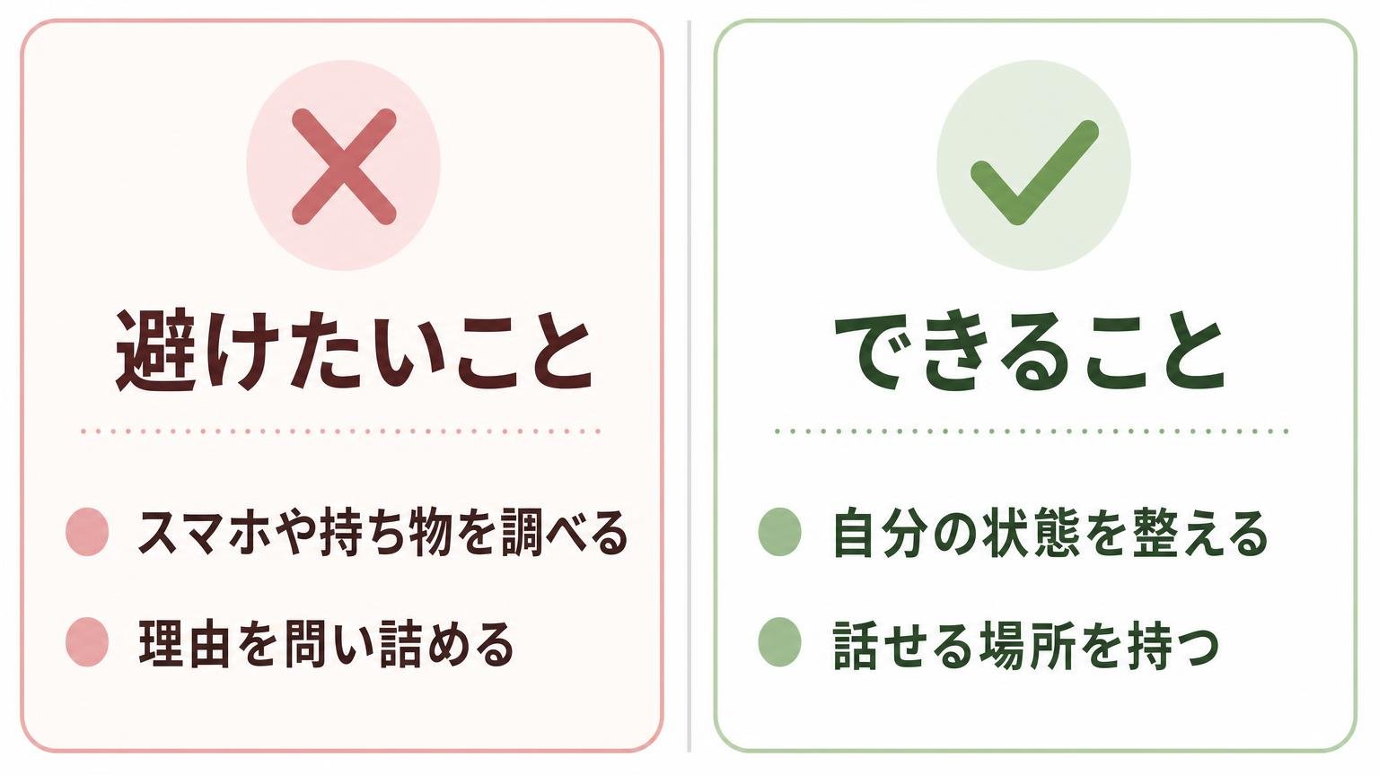 妻の行動を詮索するのは避け、自分を整えることと話せる場所を持つことが大切だと示した対比図解
