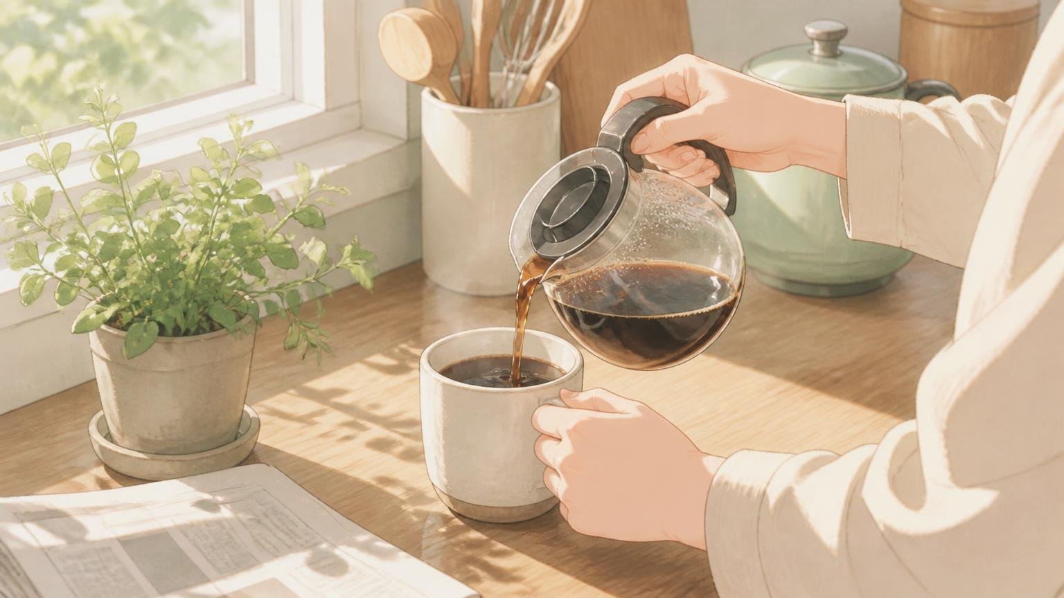 朝の窓辺で、コーヒーを淹れて自分の時間を過ごしている手元のイラスト