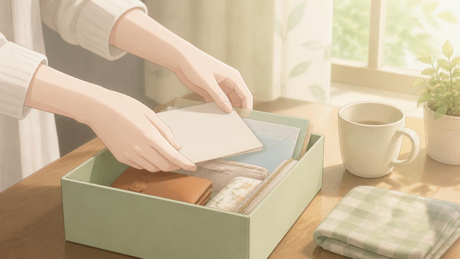 身の回りの書類や持ち物を静かに整理している手元のイラスト