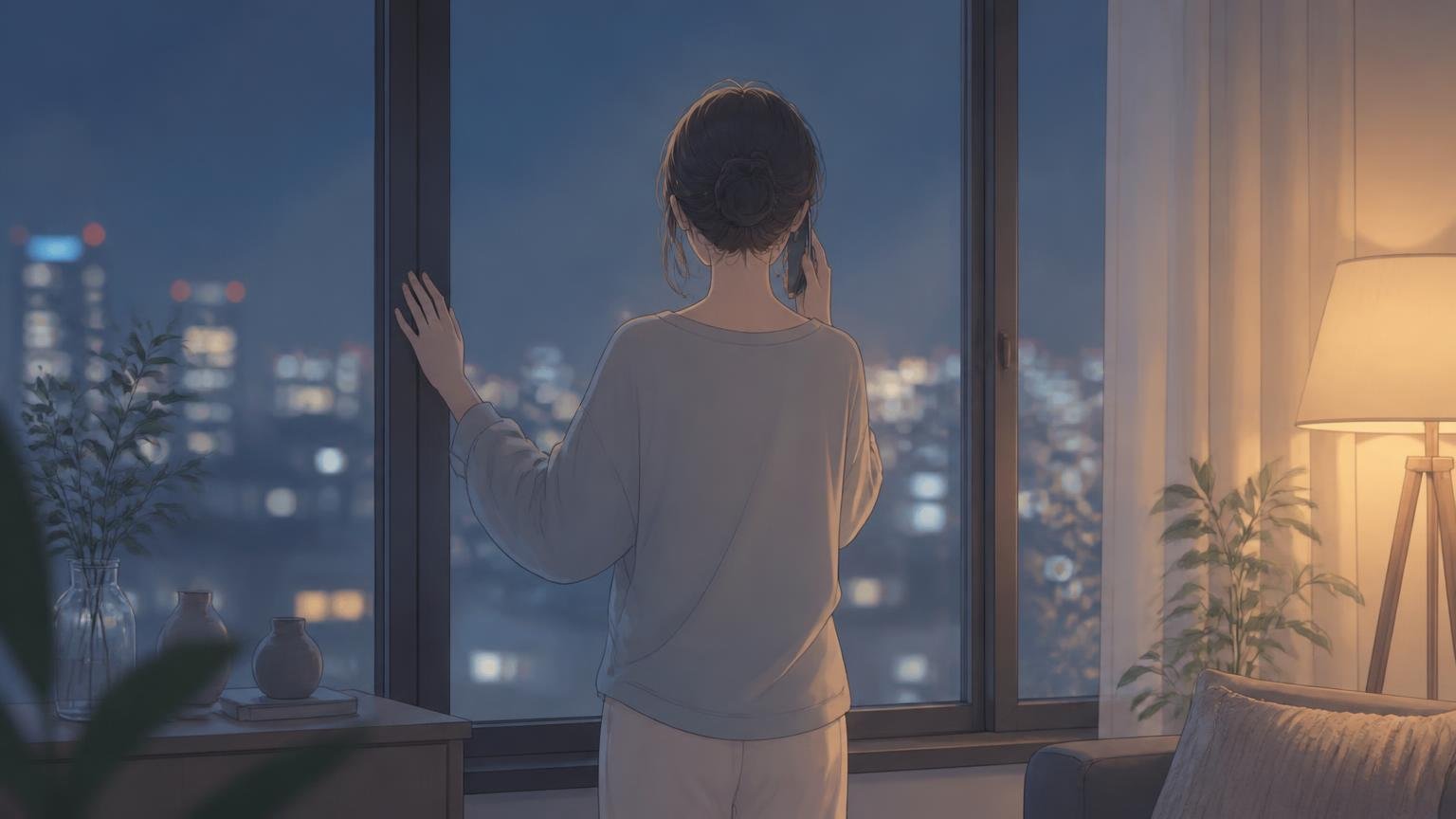 夜の窓辺で、スマートフォンを耳にあてて静かに話している人物の後ろ姿のイラスト