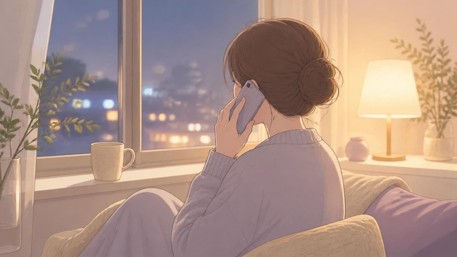 窓辺で電話をしながら気持ちを話している人物のイラスト