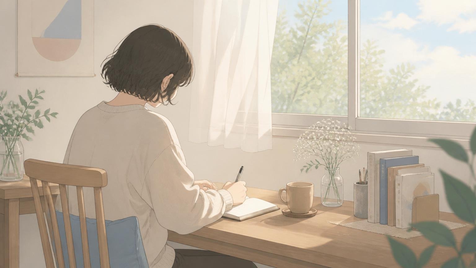 ノートに自分の気持ちを書き出して整理する人物のイメージイラスト
