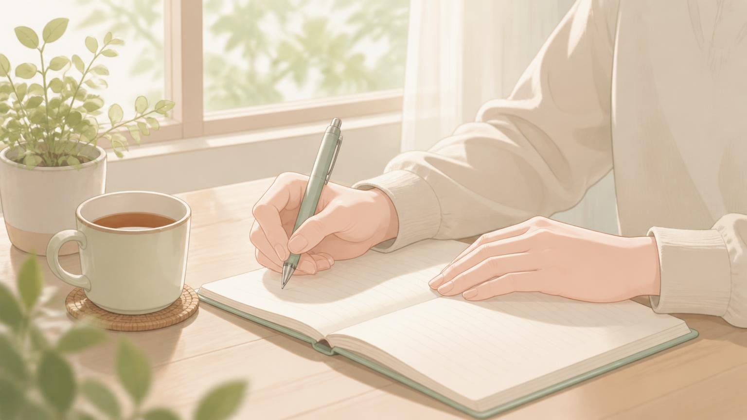 静かな部屋で、手元のノートに気持ちを書き出している情景イラスト