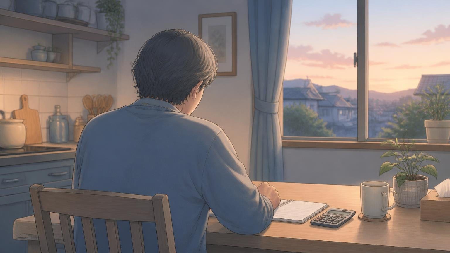 静かな部屋で考えごとをしている人物の後ろ姿を描いたイラスト