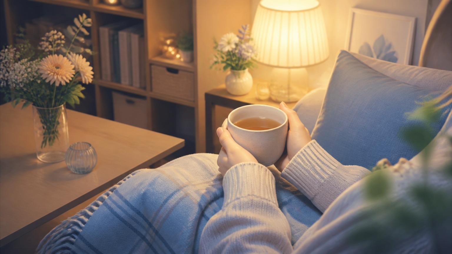 静かな部屋で温かいお茶や香りの時間を持ち、気持ちを整える人物のイメージ