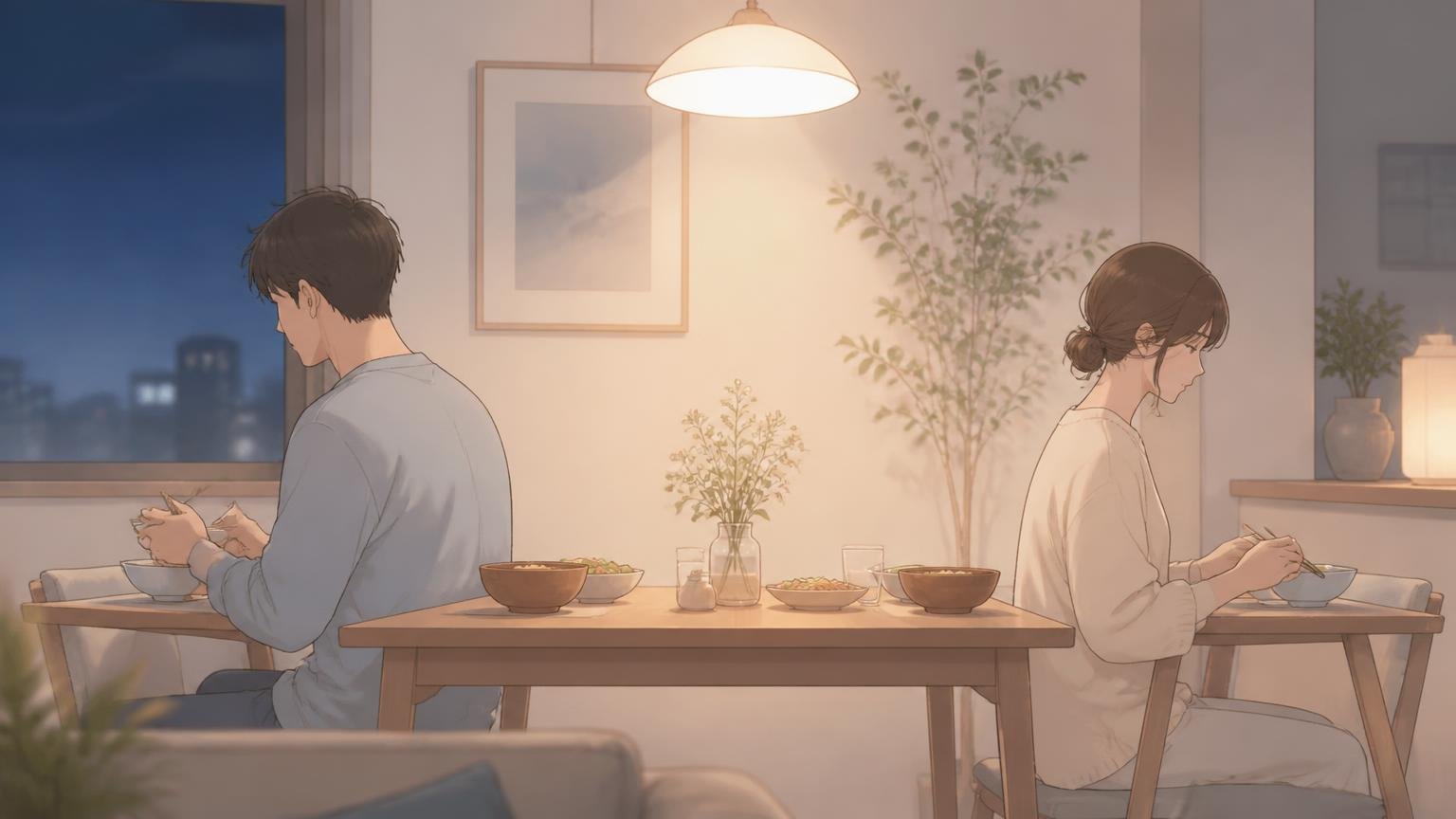 会話が少なくなった食卓で、視線を合わせずに食事をする夫婦のイラスト