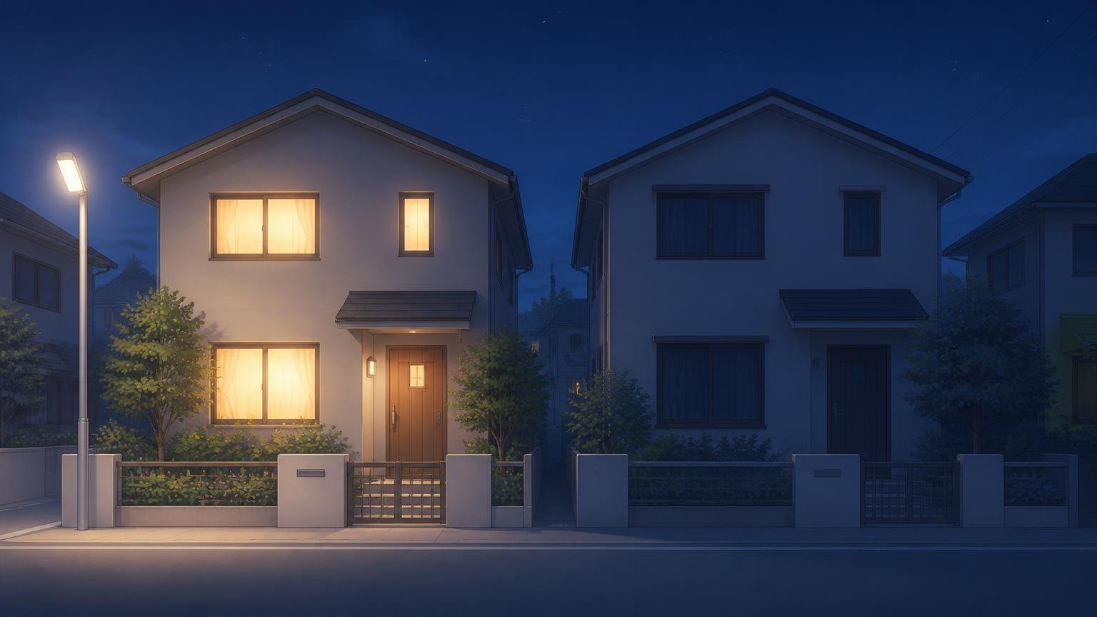 並んで建つ2軒の家のうち、片方だけに灯りがついている夜の情景イラスト