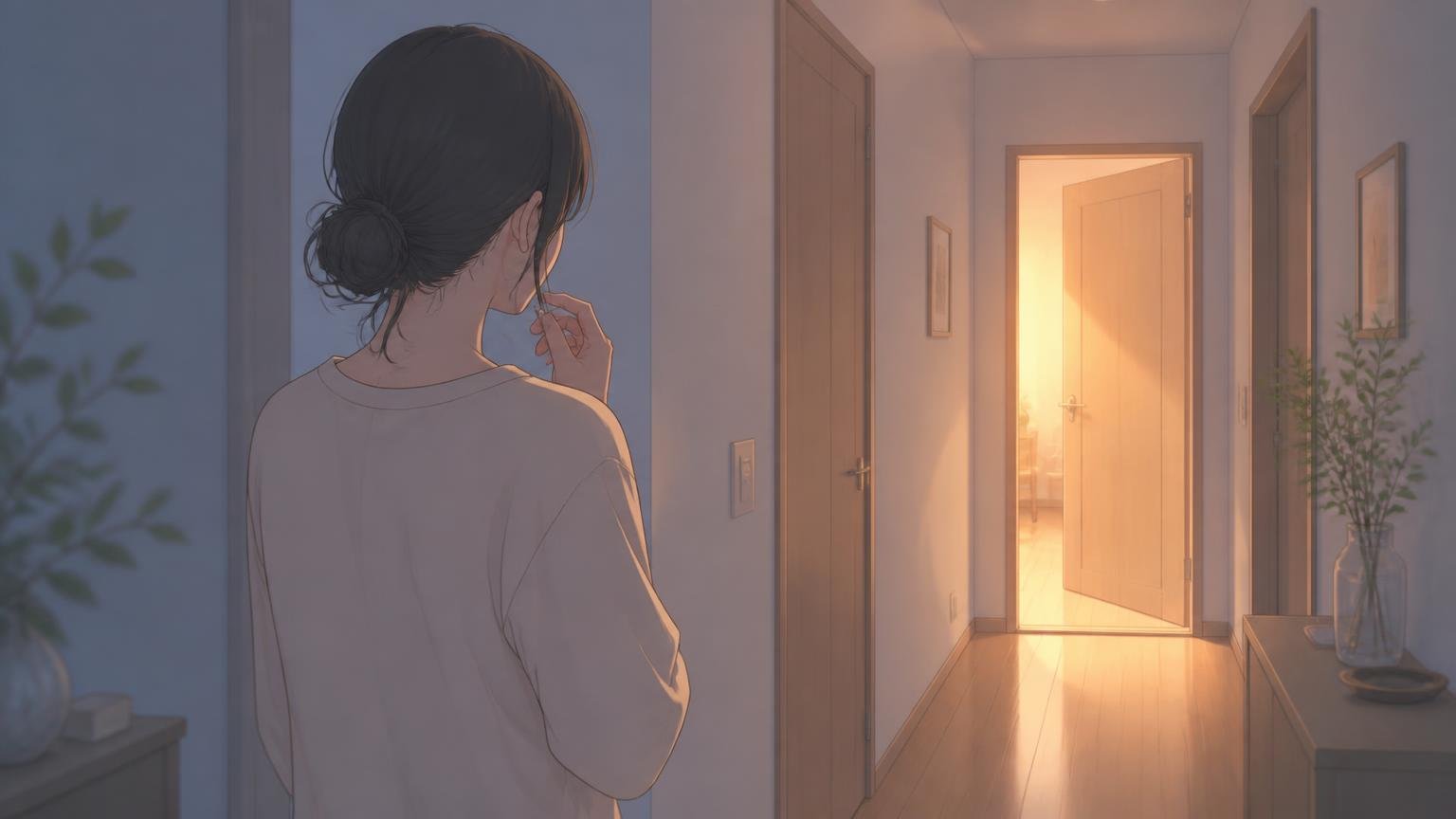 言いかけた言葉を飲み込むように、静かに口元へ手をあてている人物の後ろ姿のイラスト