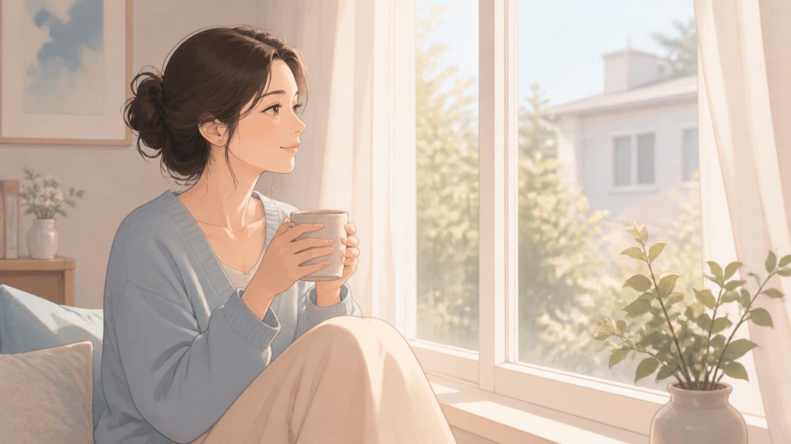 窓辺で穏やかに自分の気持ちと向き合う女性の情景イラスト