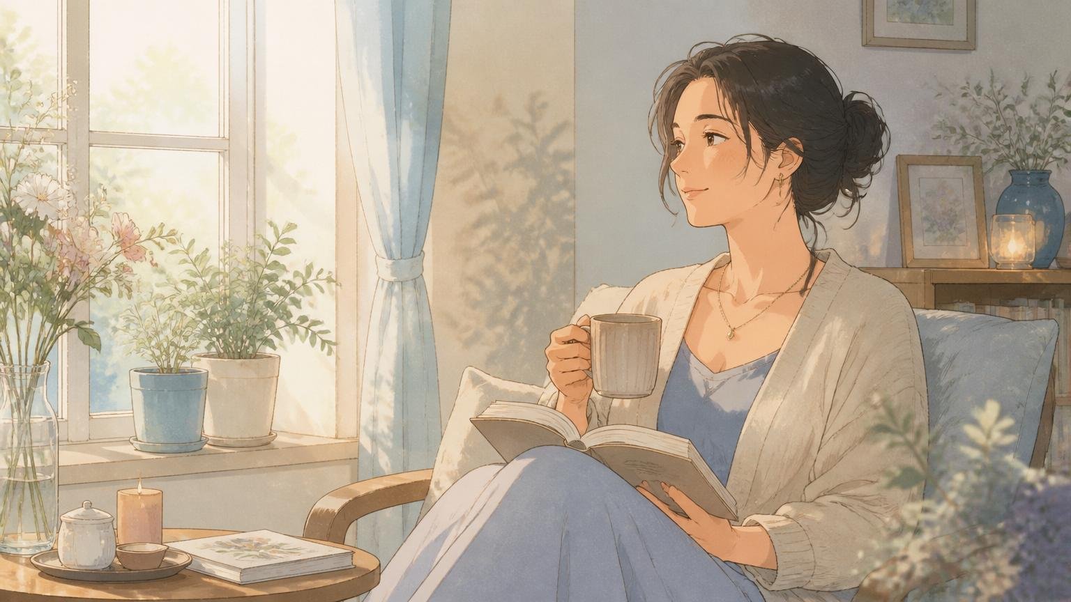 穏やかな表情で自分の時間を過ごす女性の情景イラスト