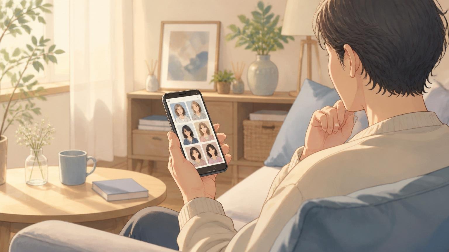 スマホでカドルのプロフィール写真を選ぶ既婚者のイメージイラスト