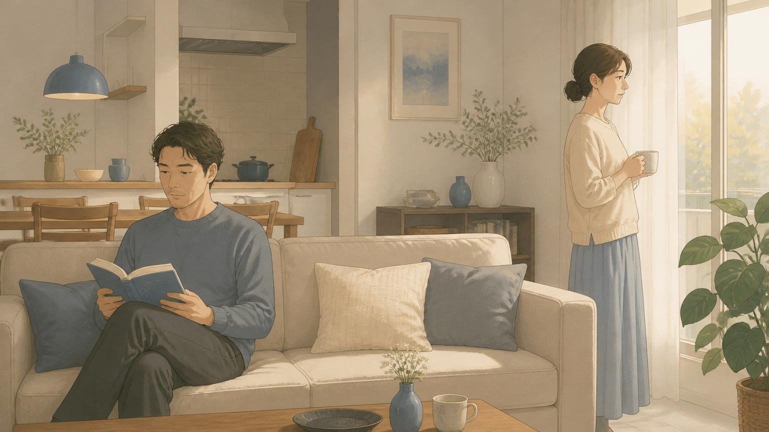 同じリビングにいながら視線が合わない夫婦の距離感を描いた情景イラスト