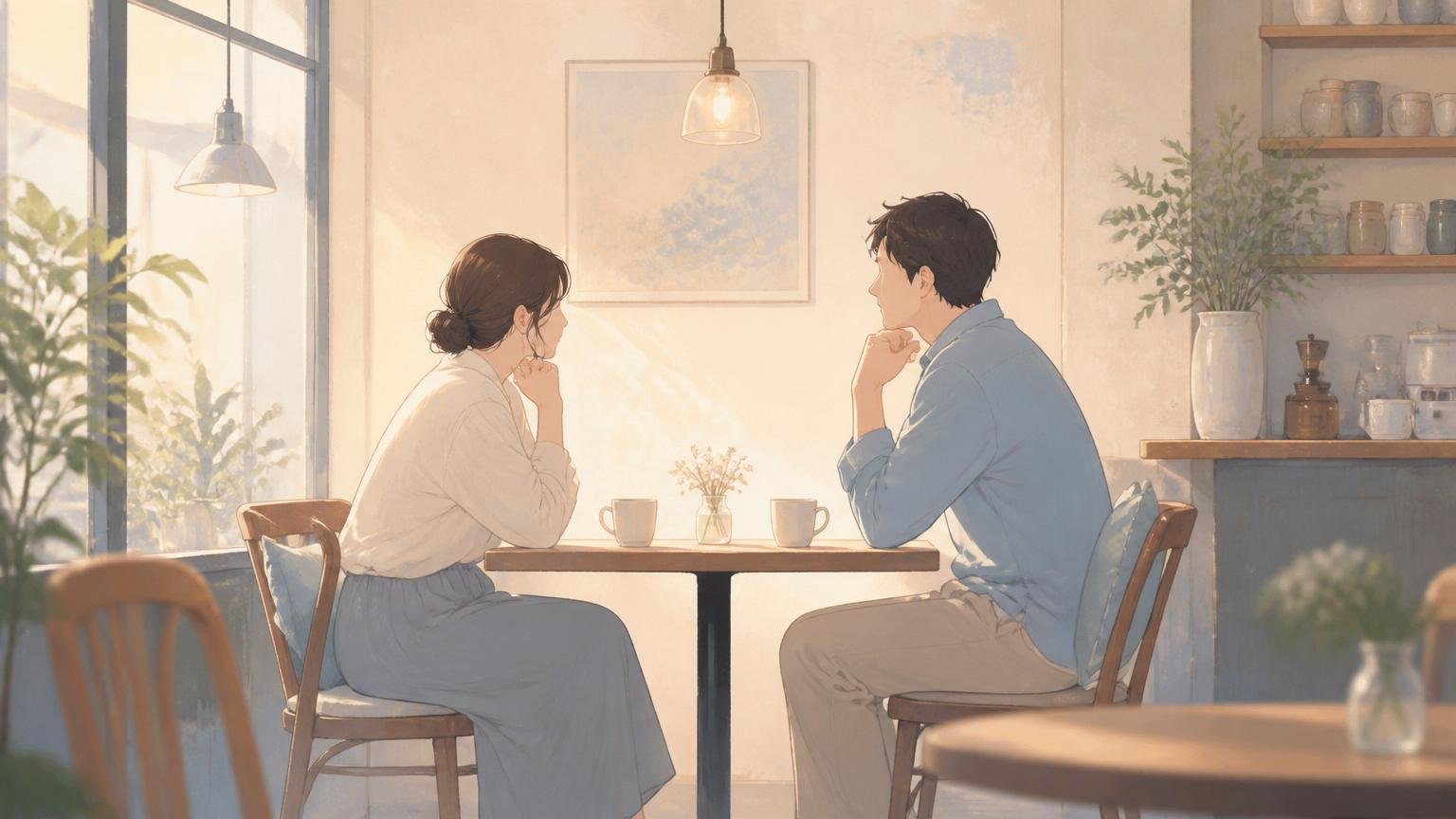 向き合って穏やかに話す2人の間に同じ高さで柔らかな光が揺れる情景イラスト