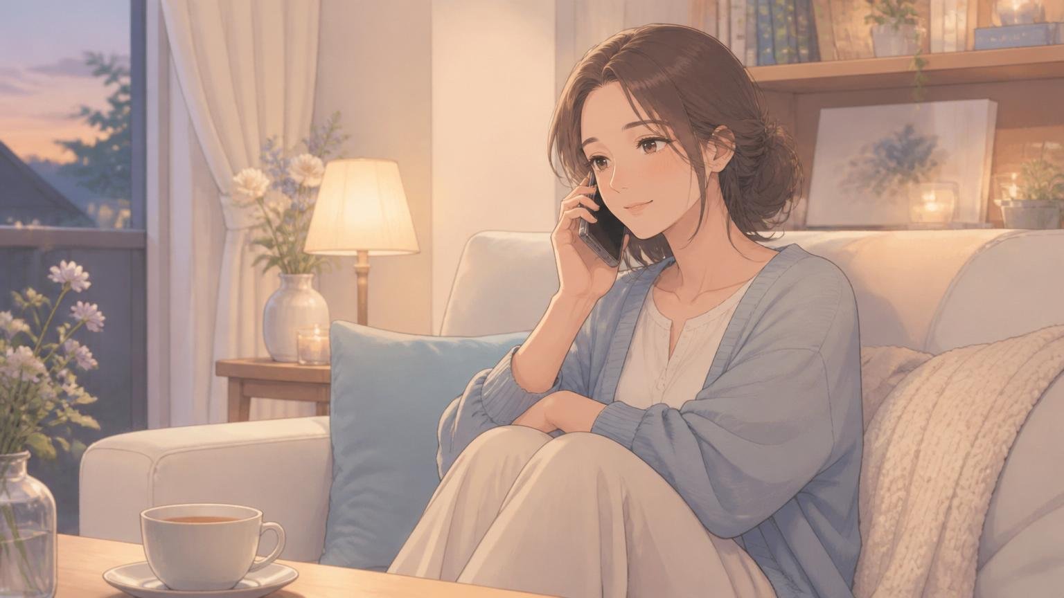 誰にも言えない縁の悩みを電話で穏やかに話す女性の情景イラスト