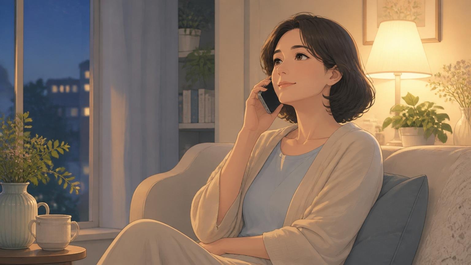 自宅で電話越しに自分の気持ちを話している人物の情景イラスト