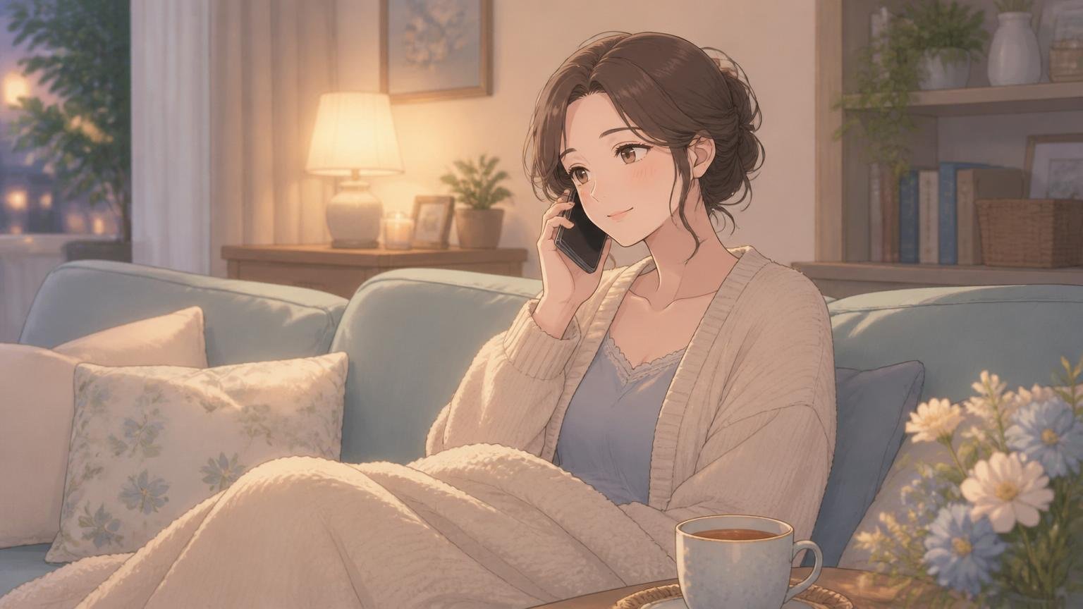 誰にも言えない気持ちを電話で穏やかに話す女性の情景イラスト
