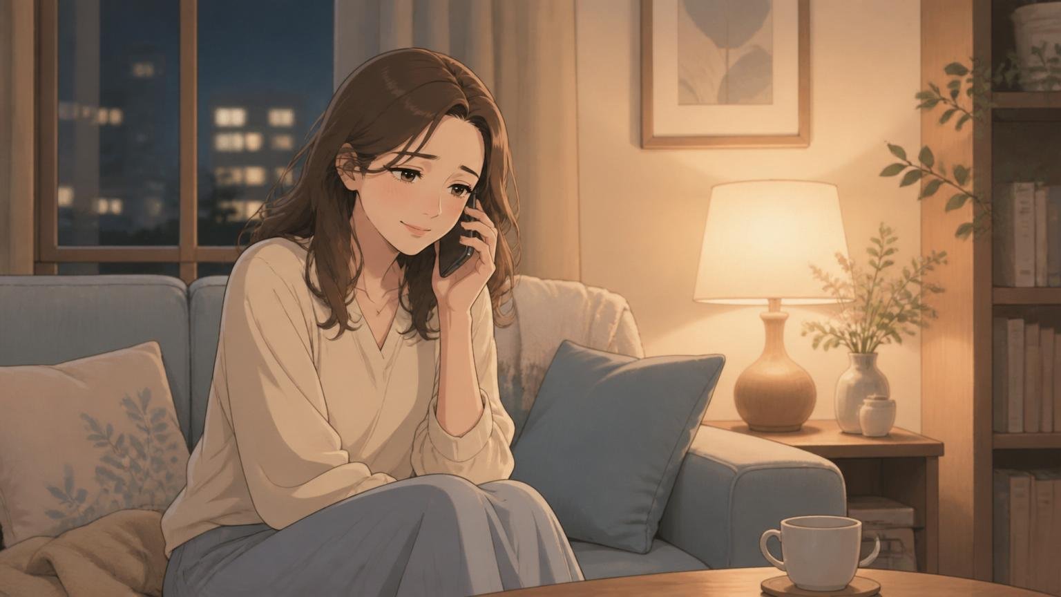 静かな部屋で電話越しに気持ちを話している女性の情景イラスト