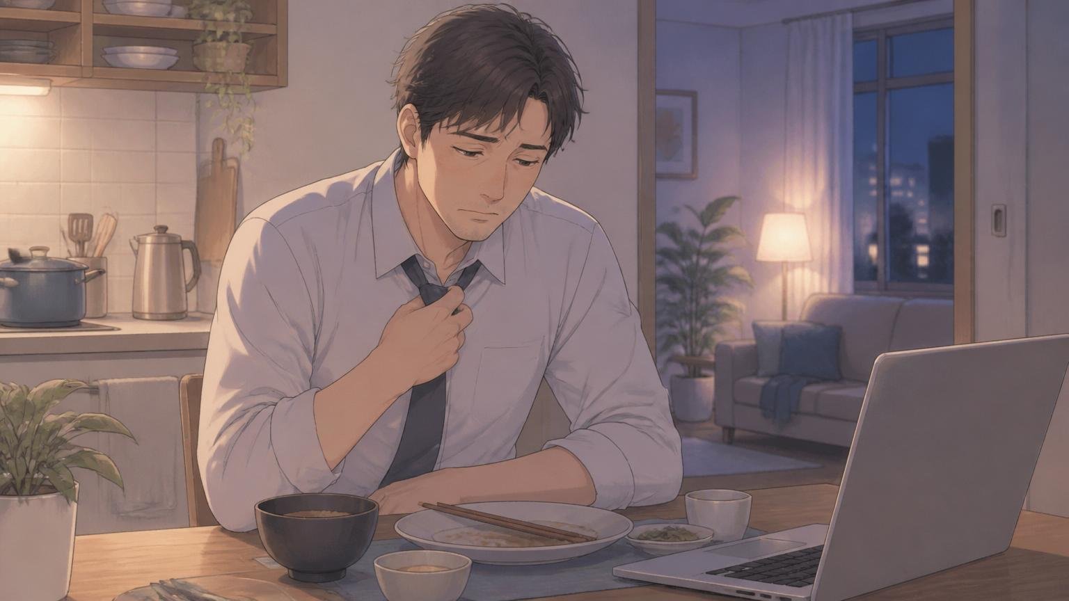 仕事や家事の疲れで余裕をなくしている男性の日常を描いた情景イラスト