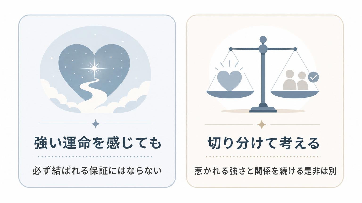 運命を感じても必ず結ばれる保証はなく、惹かれる強さと関係を続ける是非は分けて考えるという注意を示した図解