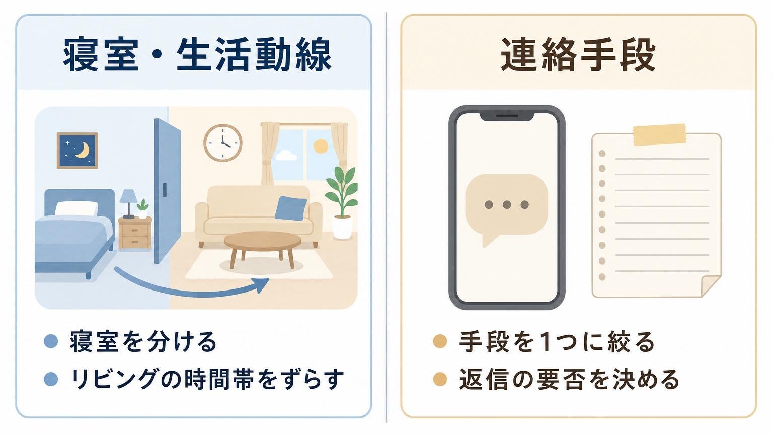 寝室と生活動線の分け方と連絡手段の決め方を左右で対比した図解