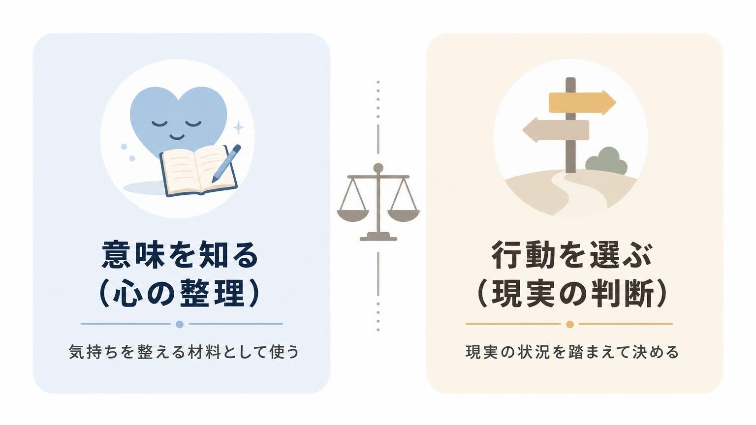 スピリチュアルな意味づけ（心の整理）と実際の行動の選択（現実の判断）を分けて考えることを示した2カラムの図解