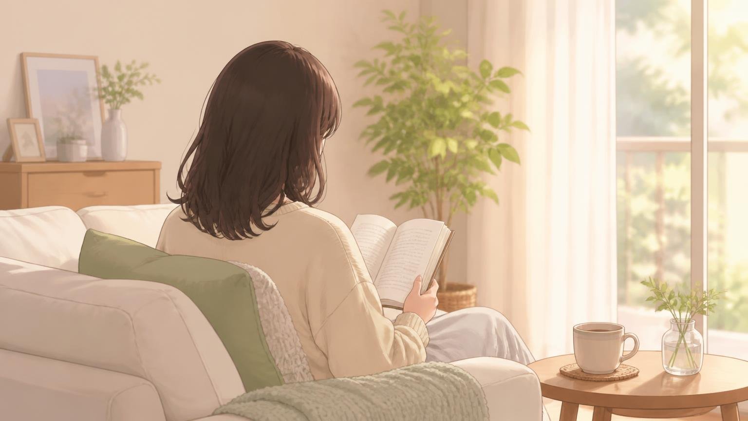 夕方のリビングでソファに座り一人で本を読む女性の後ろ姿のイラスト