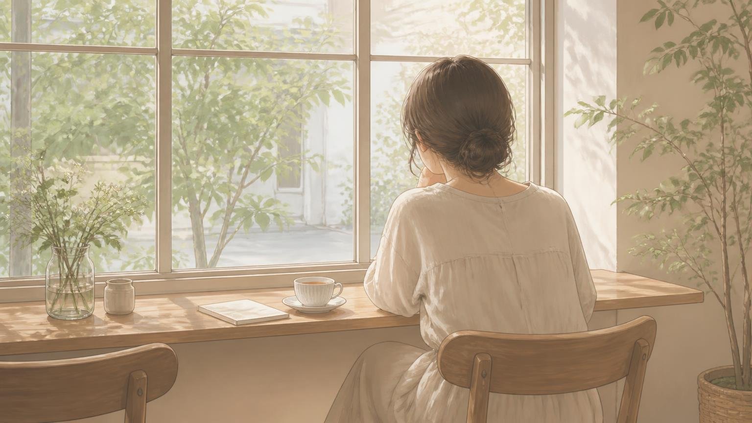 カフェの窓際で一人静かに過ごす女性の後ろ姿のイラスト