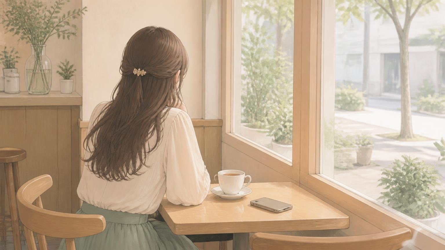 顔合わせの前にカフェの席で静かに待つ女性の後ろ姿のイラスト