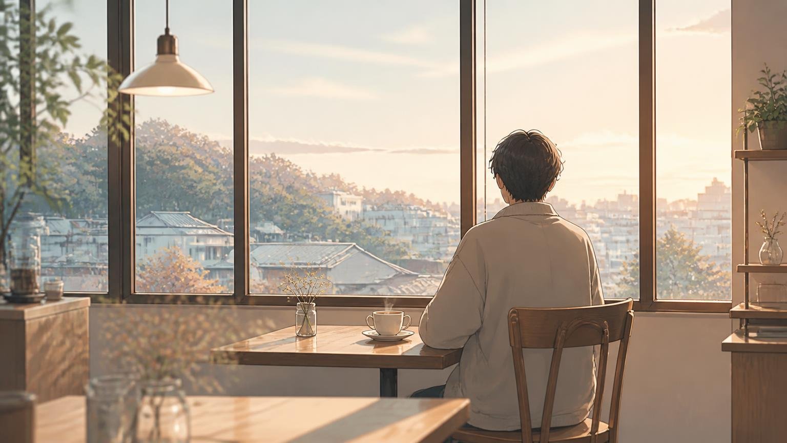 静かなカフェで一人考えごとをする人の後ろ姿のイメージ