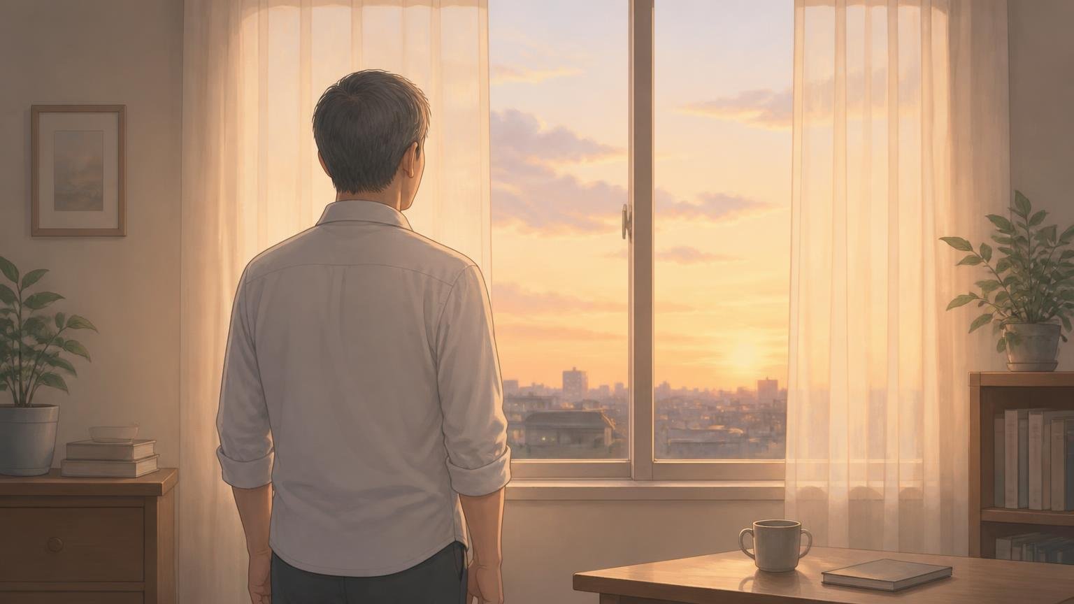 夕方の窓の外を眺める既婚男性の後ろ姿のイラスト