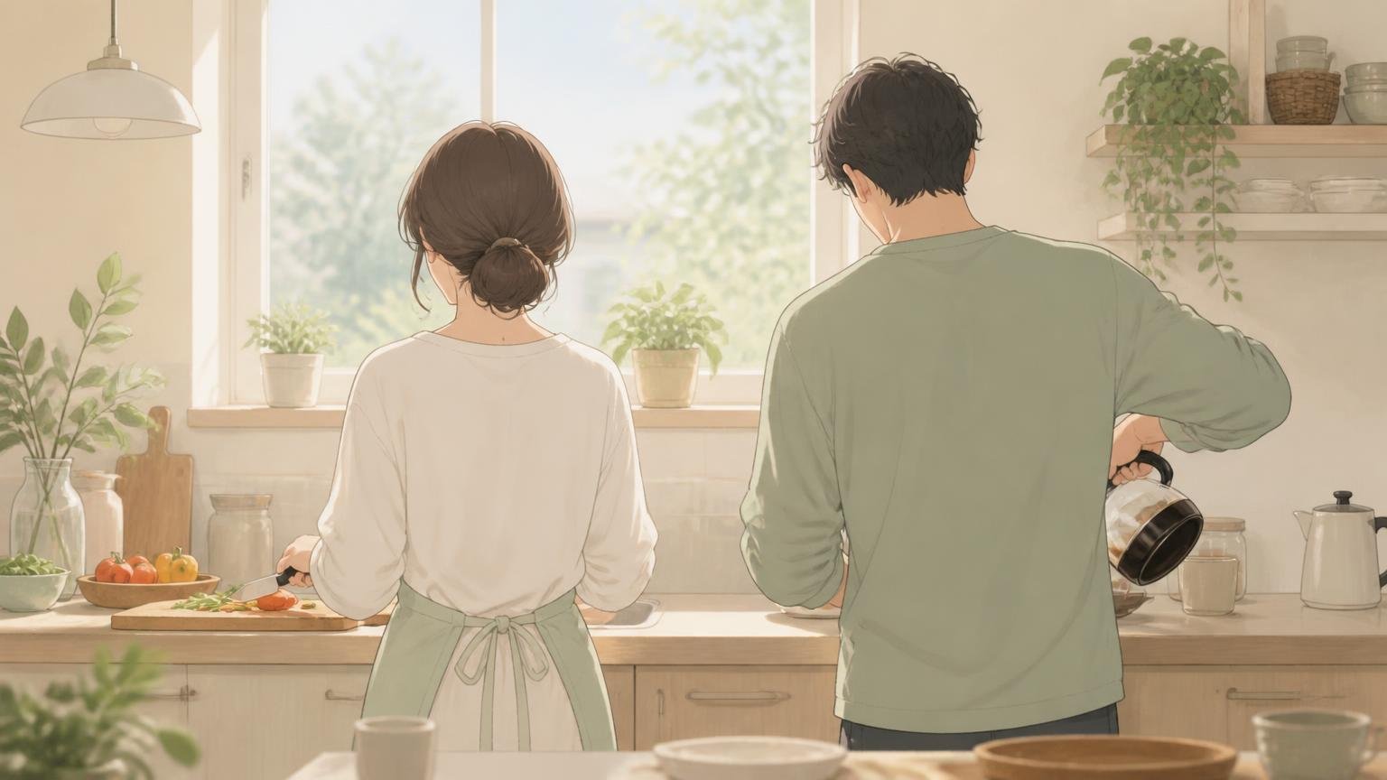 キッチンで並んで作業する夫婦の後ろ姿のイラスト