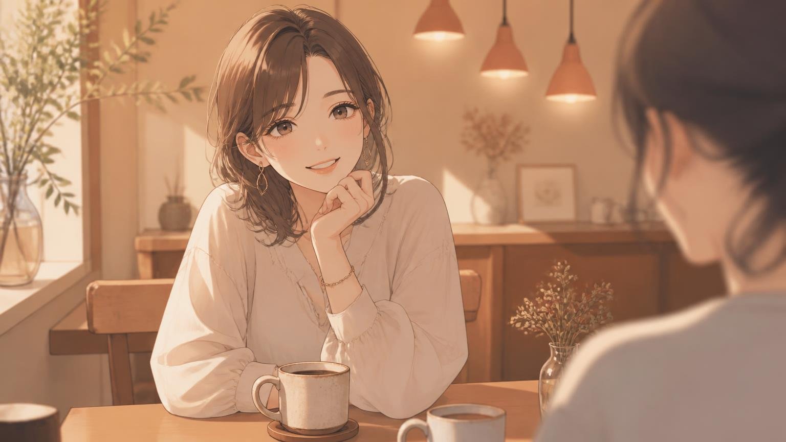 落ち着いたカフェで会話を楽しむ女性のイメージ