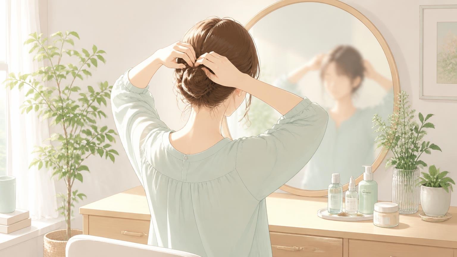 鏡の前で身支度を整える女性の後ろ姿のイラスト