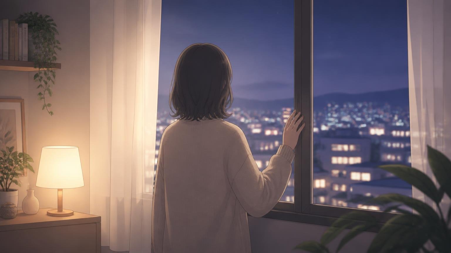 夜の部屋で窓の外を静かに見つめる人物の後ろ姿のイラスト