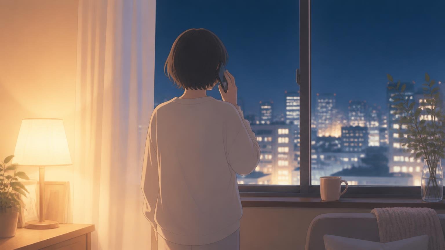 夜の窓辺で、電話を耳に当てて話している後ろ姿のシルエットのイラスト