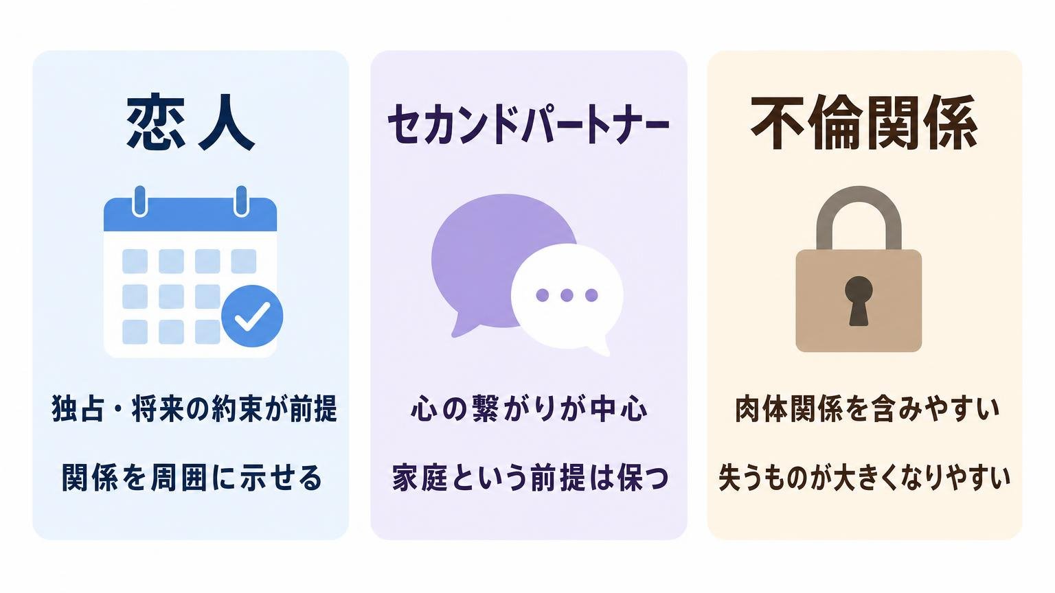 恋人・不倫相手・セカンドパートナーの関係性の違いを整理した図解