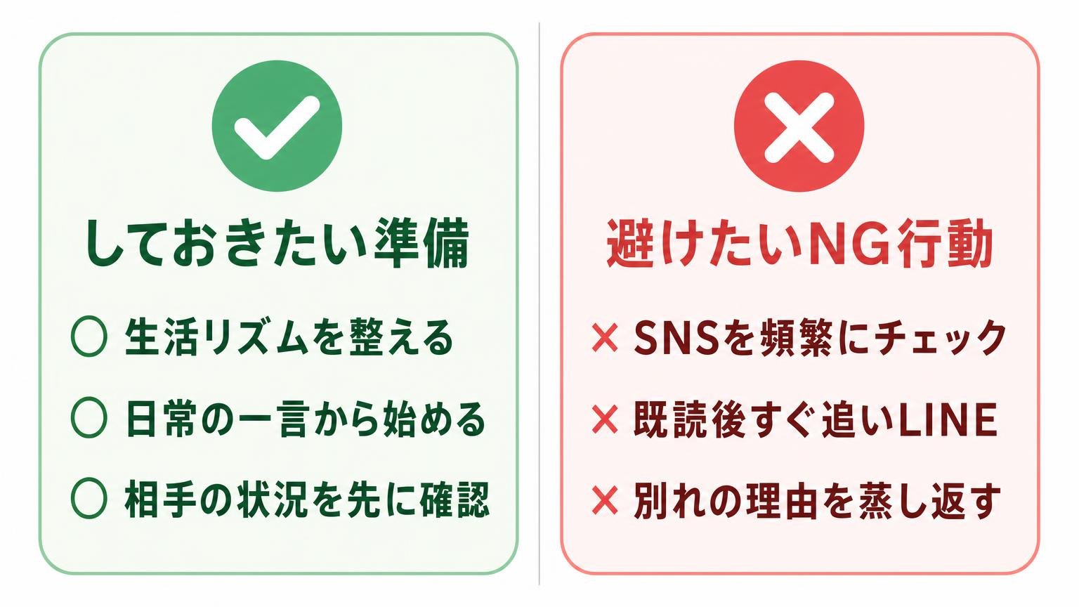 連絡を再開する前にしておきたい準備と、復縁を遠ざけるNG行動を左右対称に並べた図解