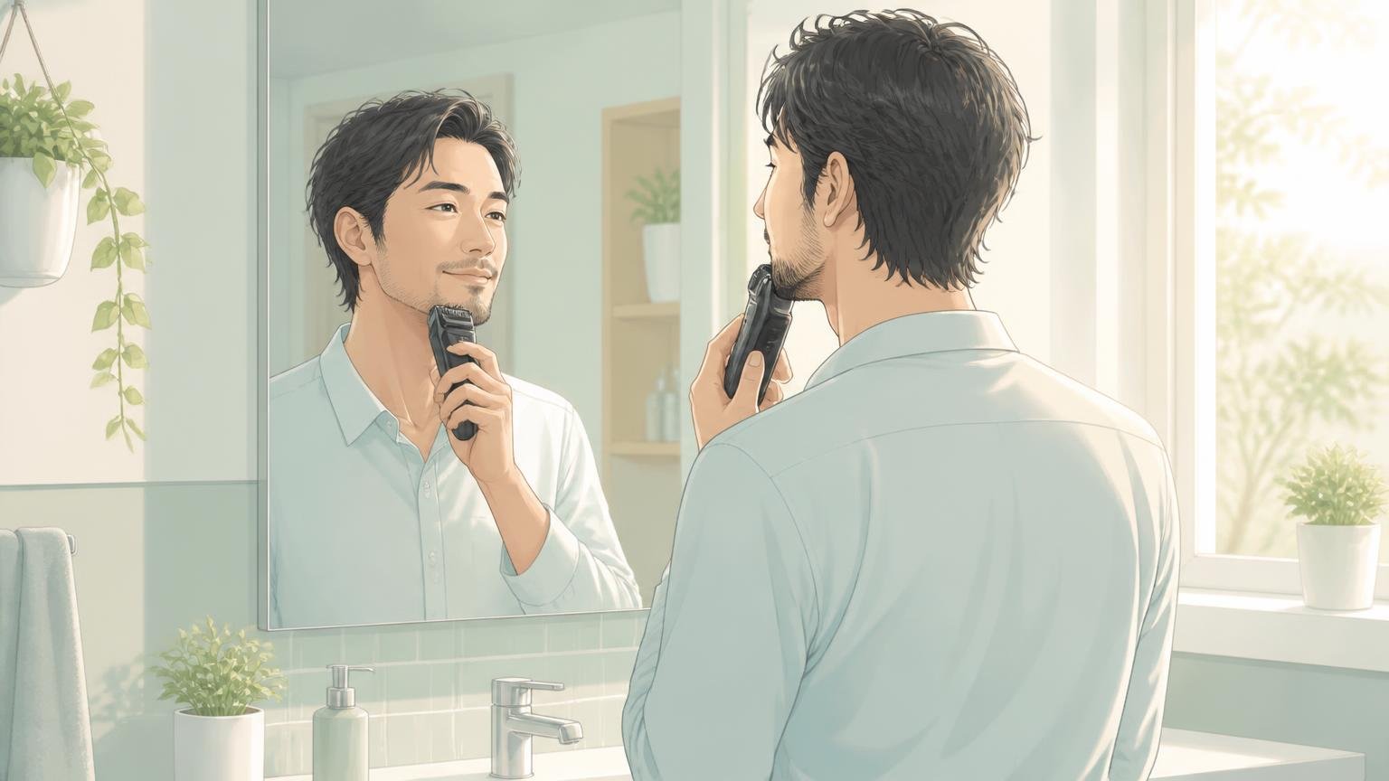 課金前に身だしなみと写真を整える既婚男性のイメージ