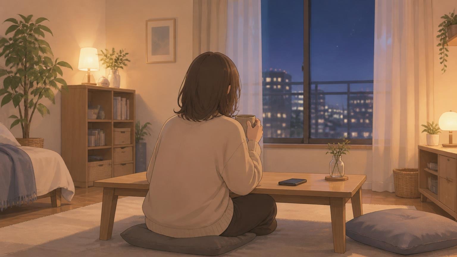 夜の部屋で一人静かに気持ちを整理している人物の後ろ姿のイラスト