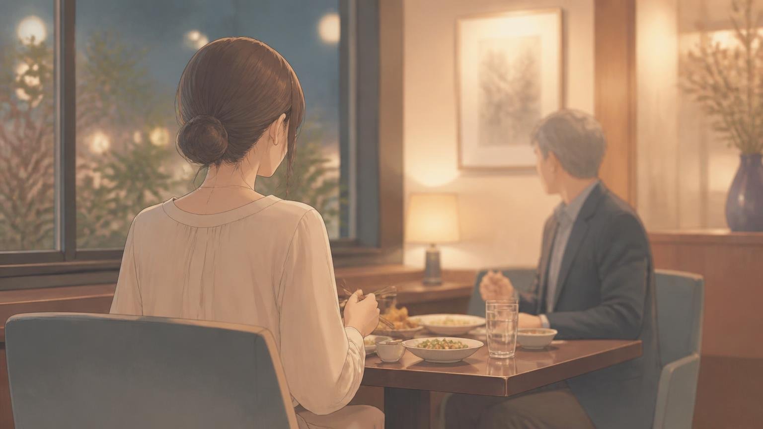 落ち着いた飲食店で穏やかに会話をする男女を女性主体で描いたイラスト