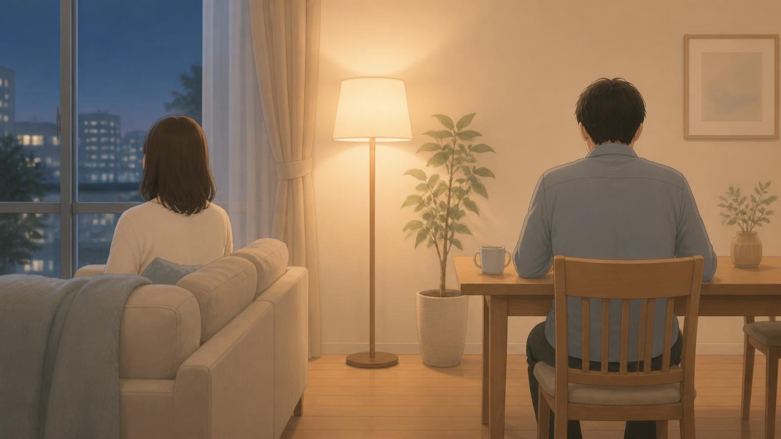 同じ部屋にいながら別々の方向を向いて座る夫婦の後ろ姿のイラスト