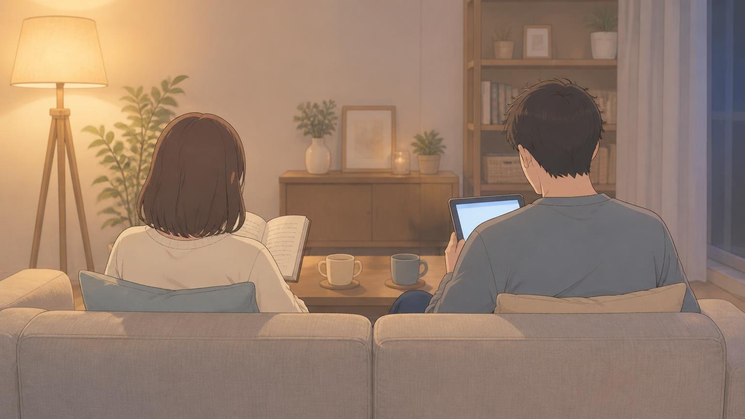 ソファに並んで座りながらそれぞれ別のことをしている夫婦の後ろ姿のイラスト