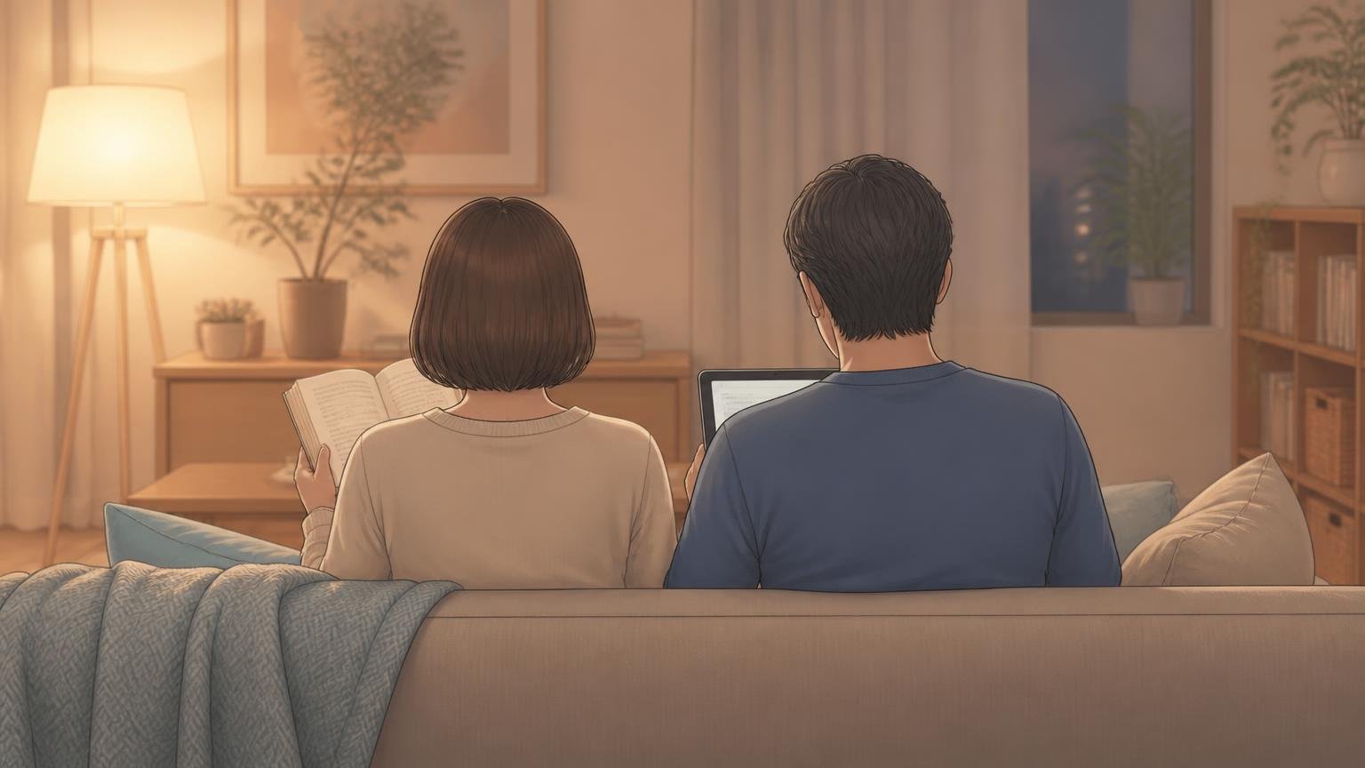 ソファで隣り合い、それぞれ違うことをしながら自然に寄り添う夫婦の後ろ姿のイラスト