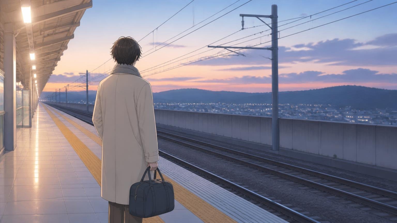 夕方の駅のホームで小さな旅行かばんを持ち一人で電車を待つ人物の後ろ姿のイラスト