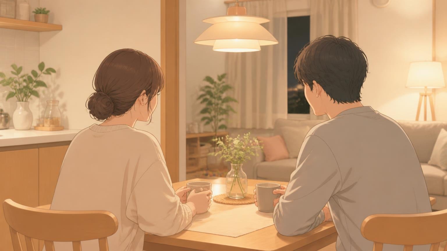 穏やかな食卓で夫婦がゆったり向き合って話している後ろ姿のイラスト
