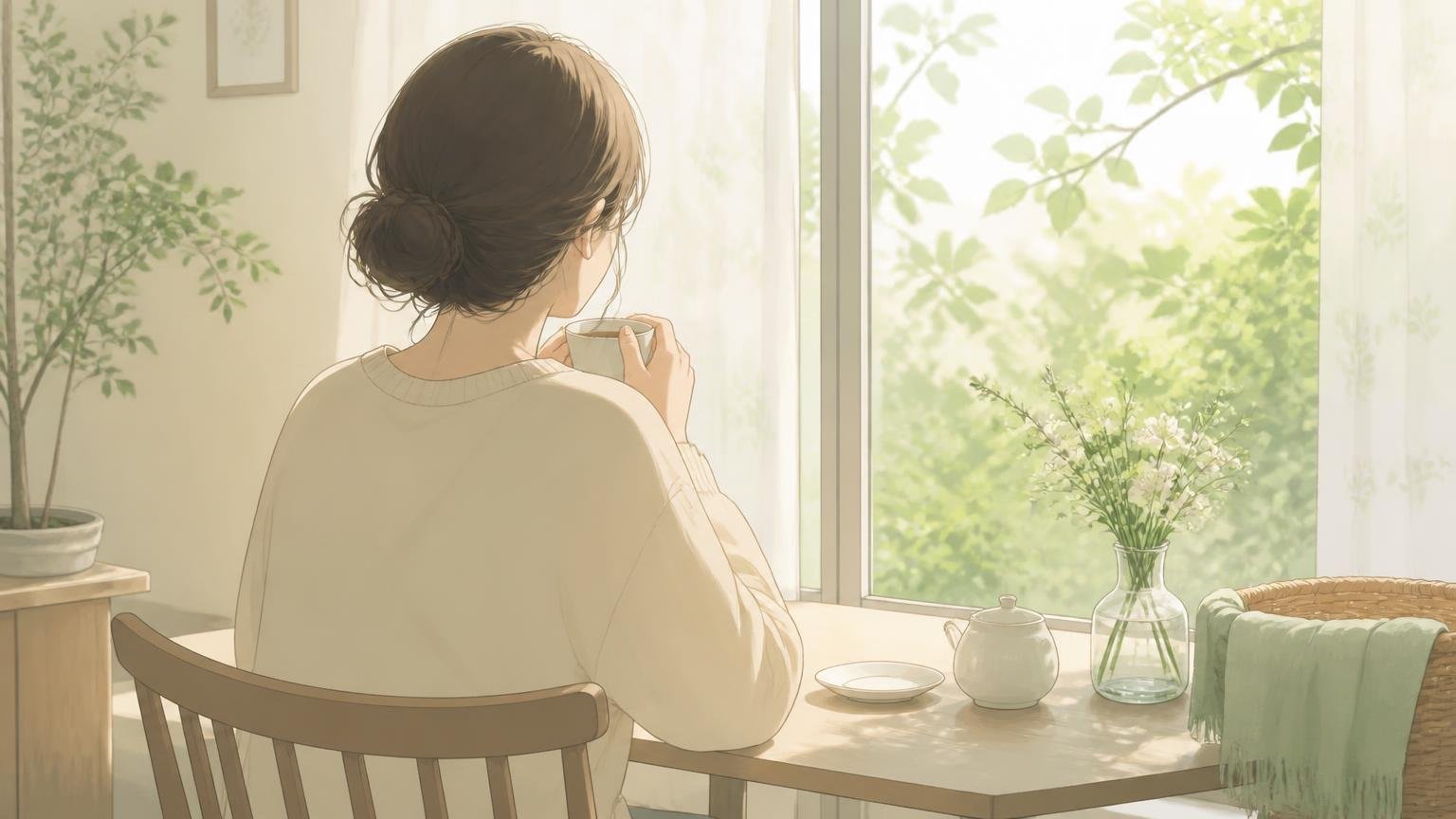 一人でお茶を飲みながら窓の外を見る女性の後ろ姿のイラスト